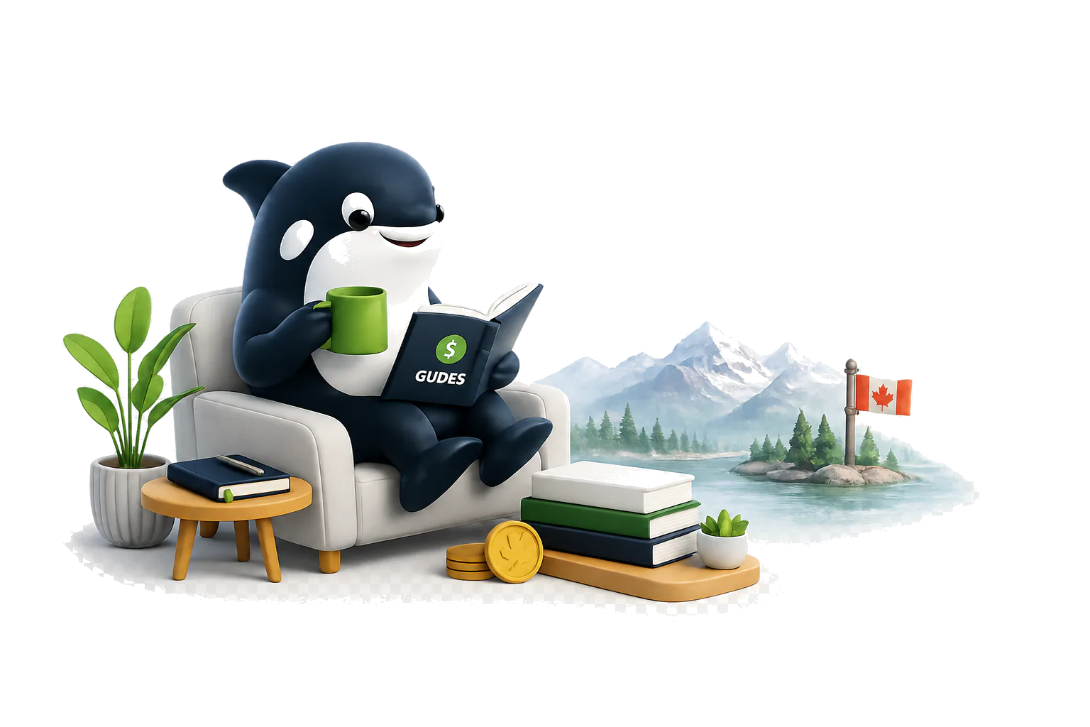 Canooq mascot reading Canadian money guides in a cozy chair