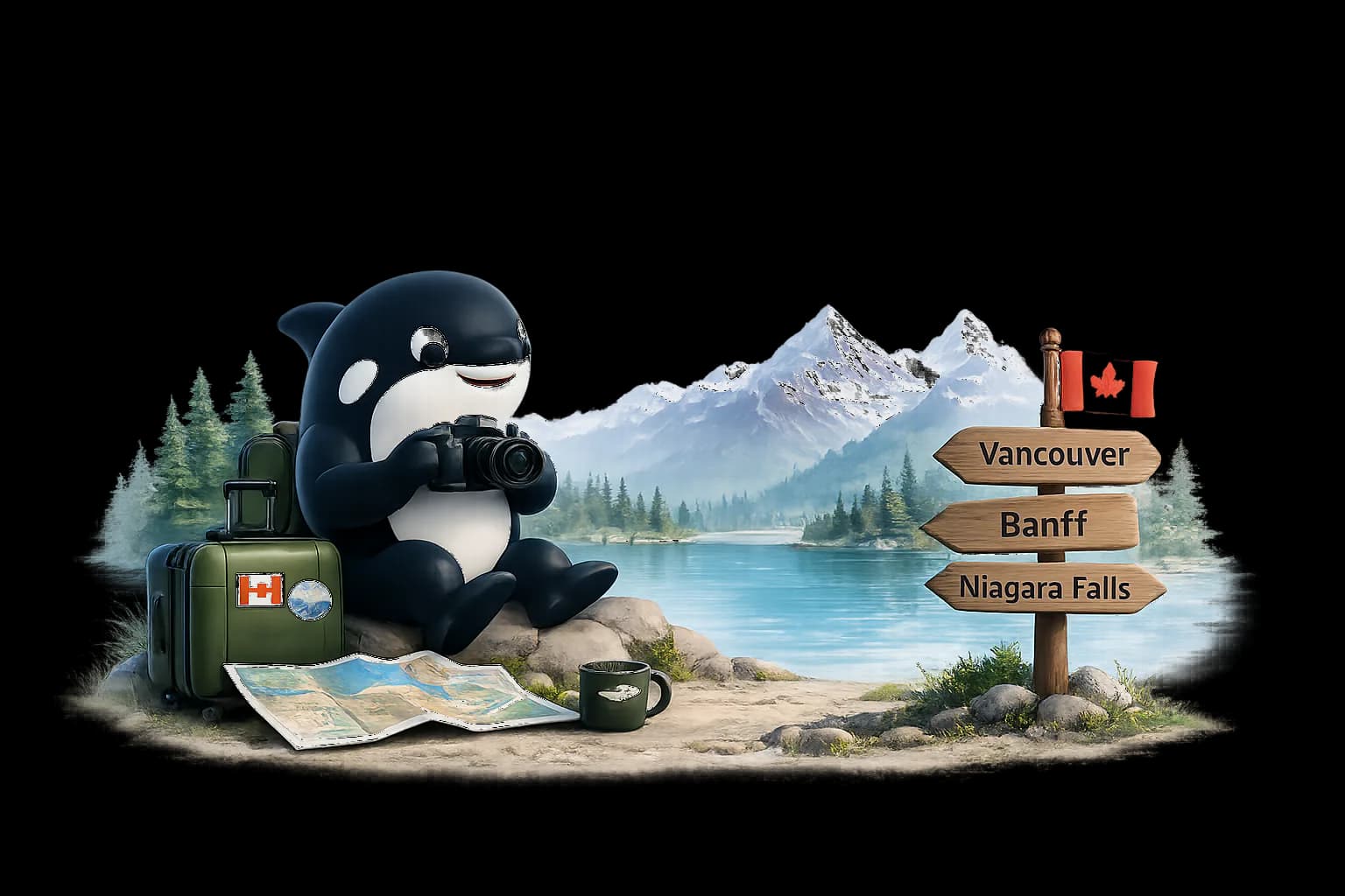 Canooq mascot taking travel photos by a Canadian mountain lake