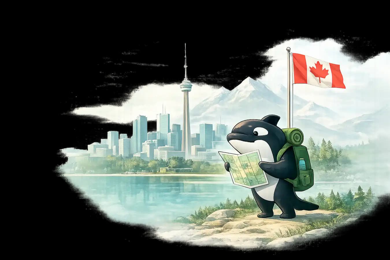 Illustration of the Canooq mascot exploring Canada with a map, city skyline, mountains and Canadian flag