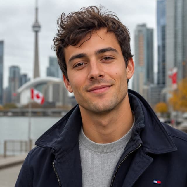 Thomas Tremblay in Toronto with the CN Tower in the background