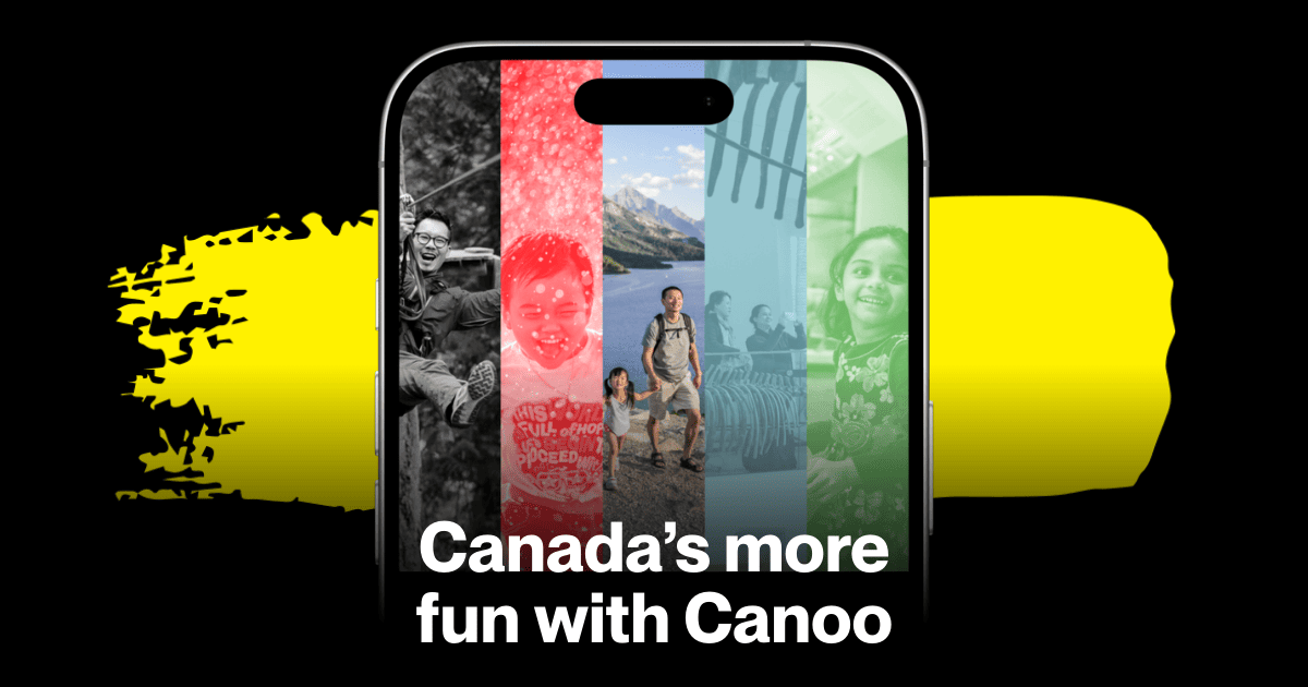 Canoo app displayed on a phone with photos of Canadian cultural and outdoor experiences