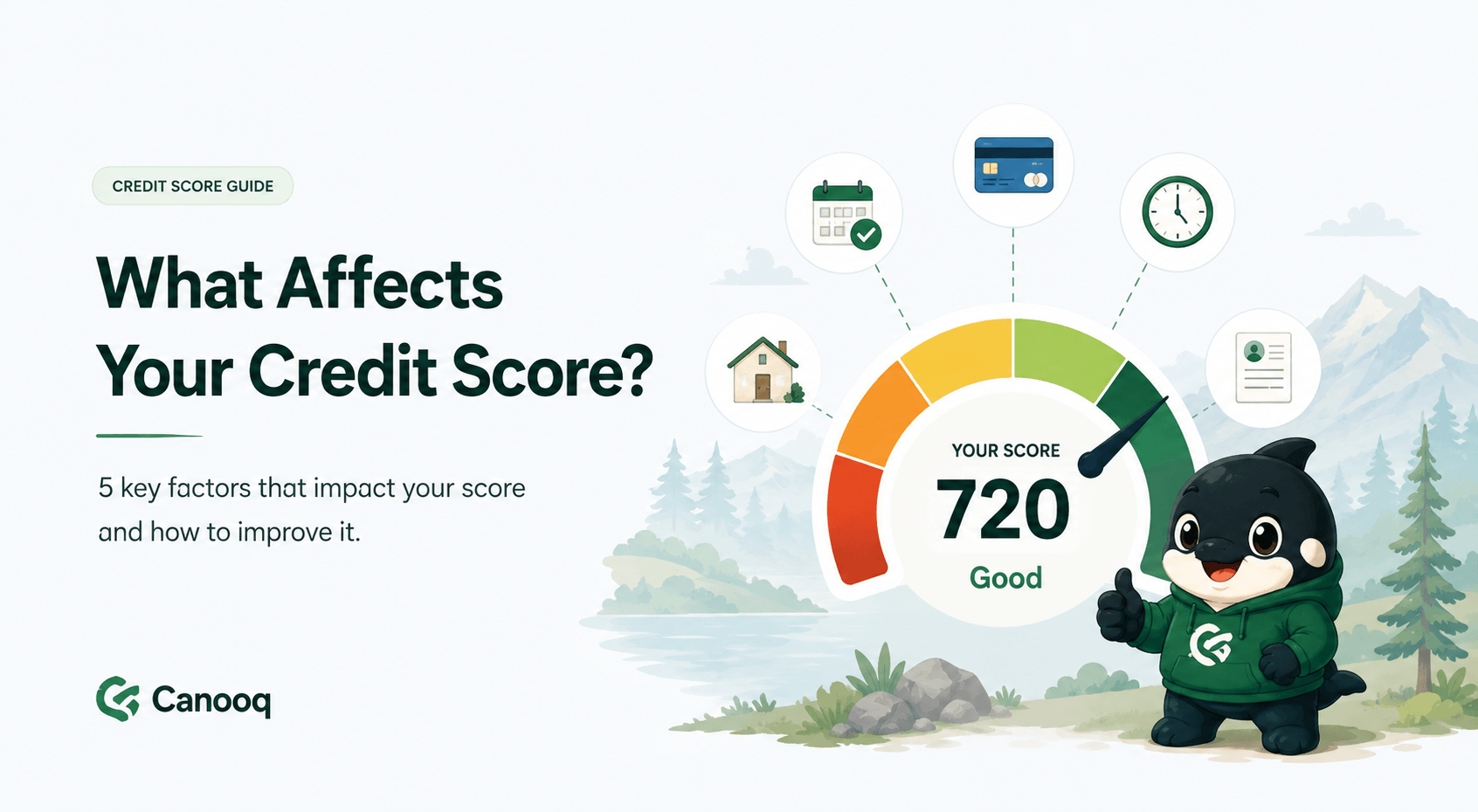 What affects your credit score in Canada infographic with Canooq mascot