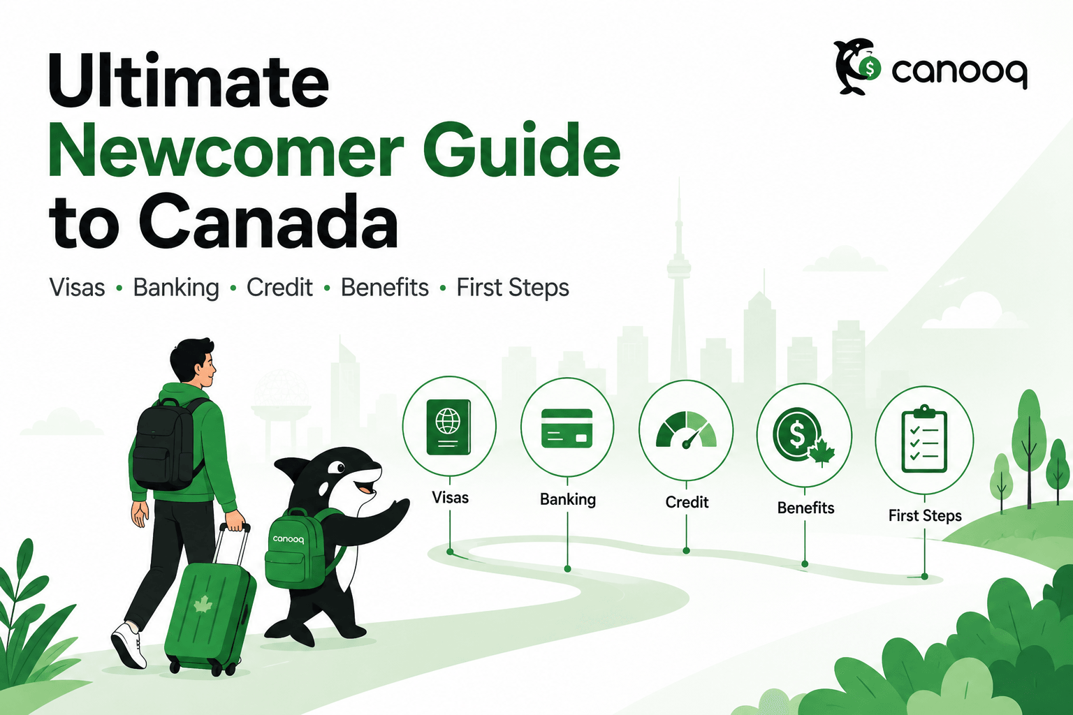 Ultimate Newcomer Guide to Canada illustration with Canooq branding, newcomer, suitcase, visa, banking, credit, benefits, and first steps icons.