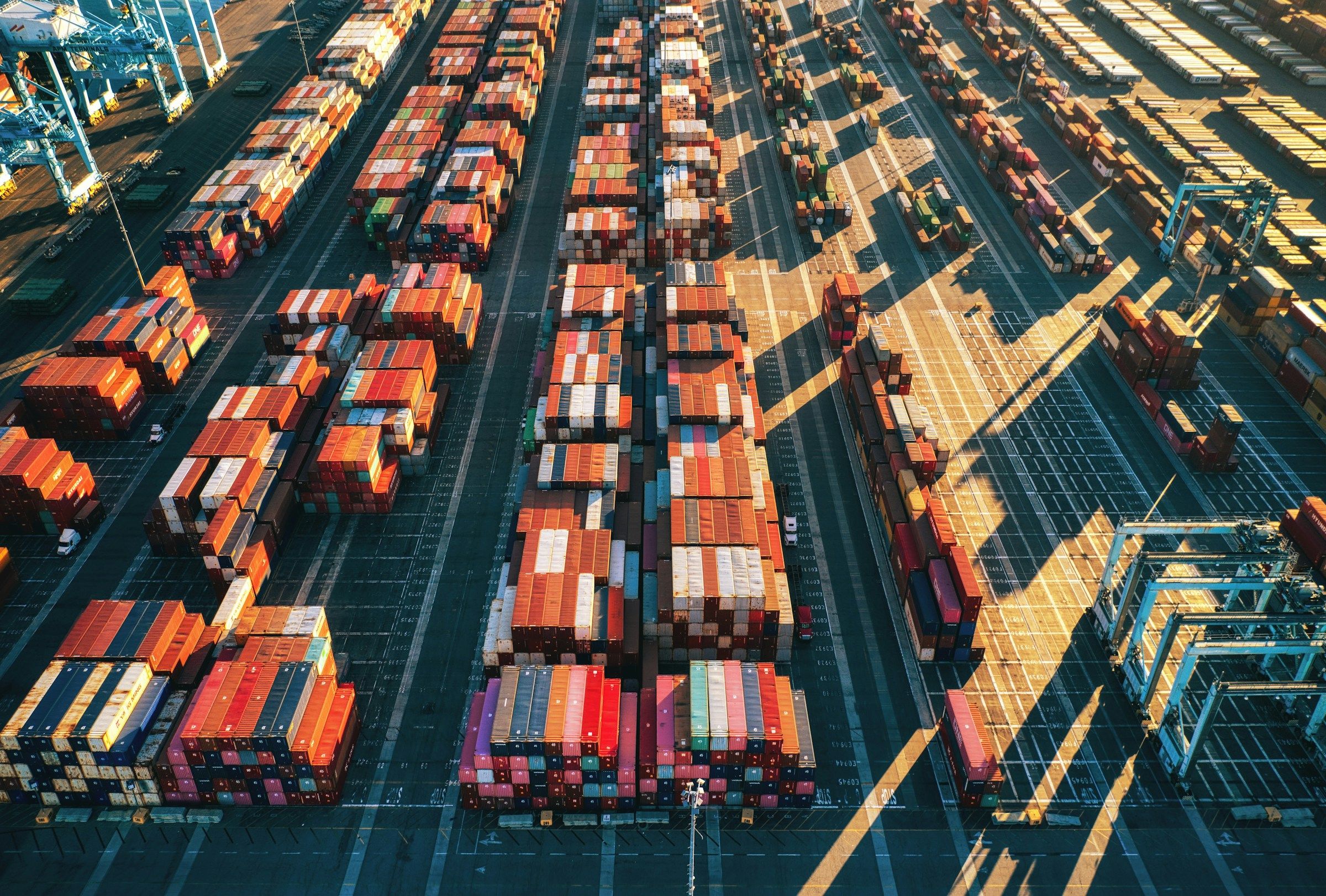 Aerial view of shipping containers in a Los Angeles harbour