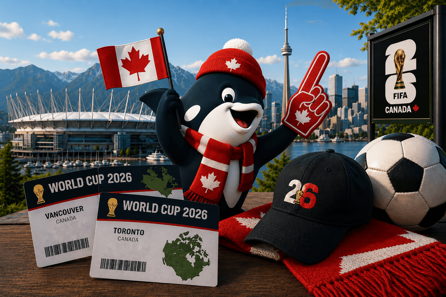 World Cup 2026 Canada scene with tickets for Vancouver and Toronto, soccer ball, Canadian fan gear, and a waterfront stadium backdrop.