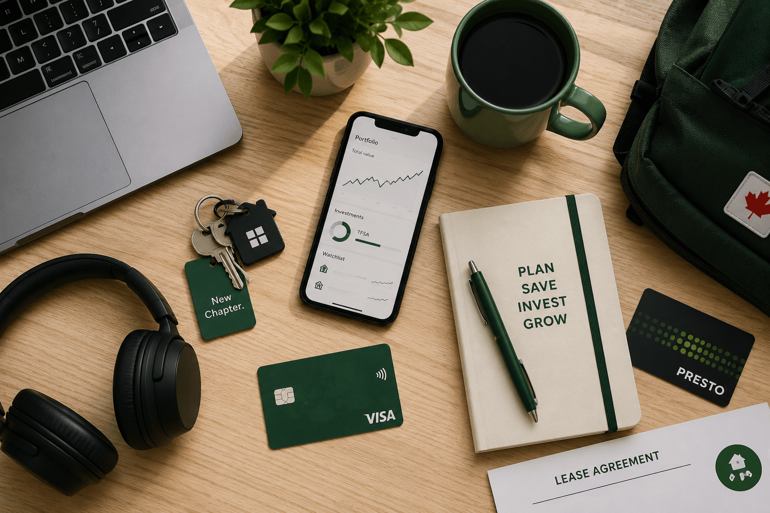 A pile of credit cards, notebooks and phones representing a checklist for your 20s.
