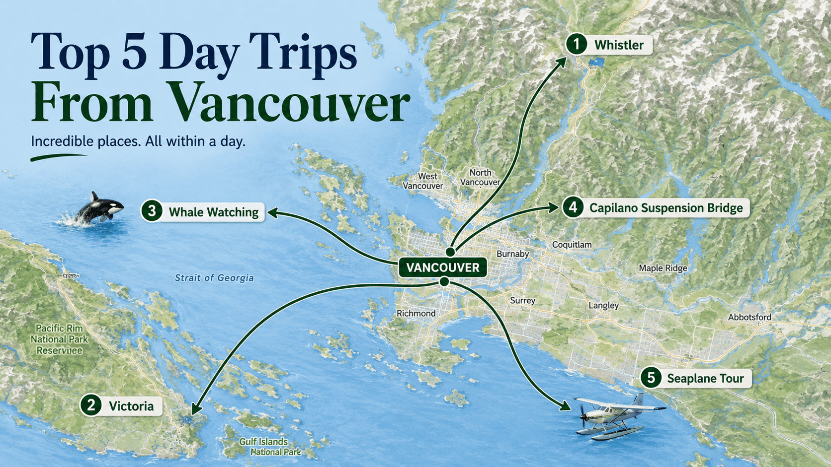 Illustrated Canooq map showing five day trips from Vancouver: Whistler, Victoria and Butchart Gardens, whale watching, Capilano Suspension Bridge and Grouse Mountain, and a Vancouver seaplane tour