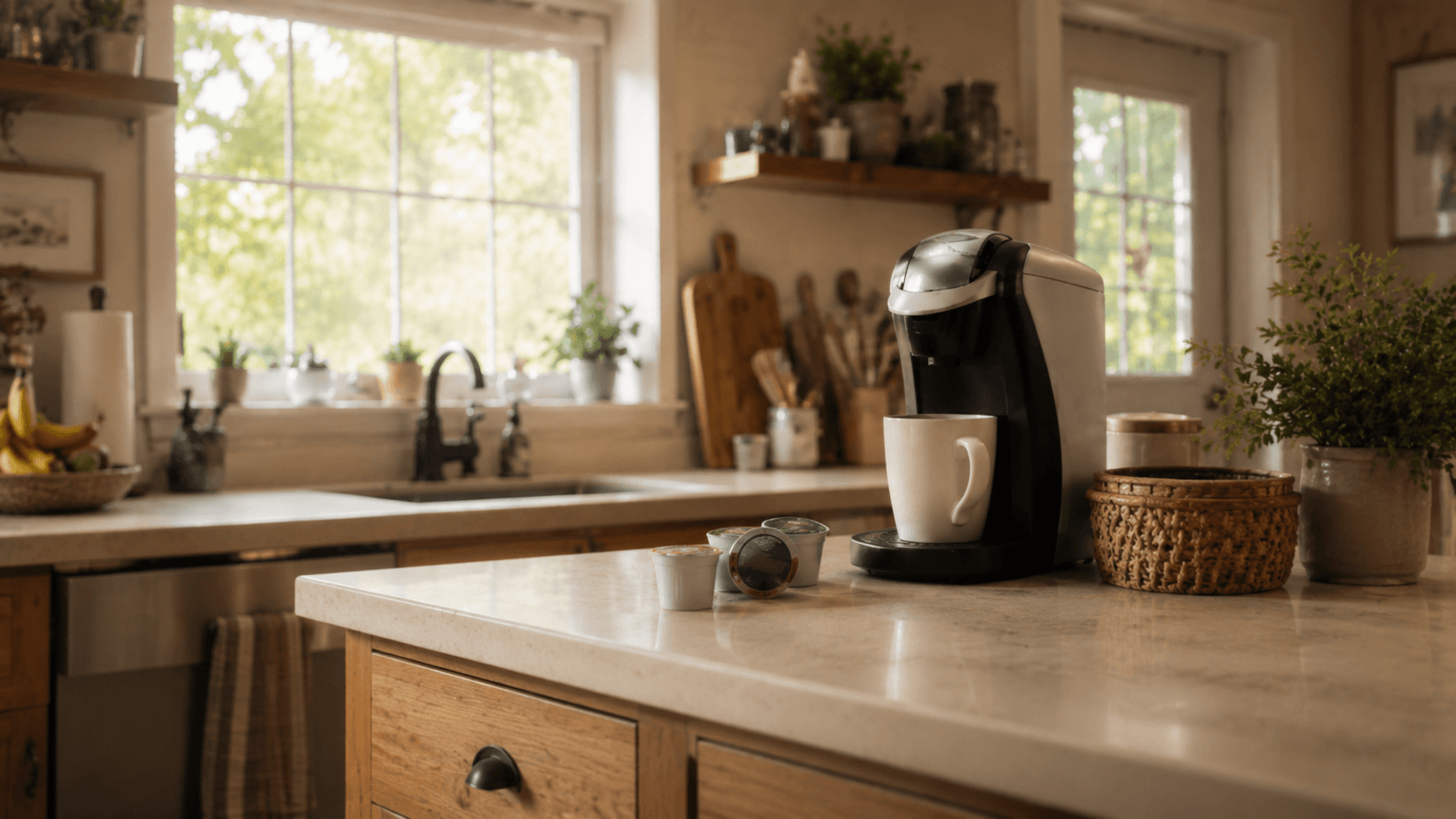 A coffee machine with some pods on a kitchen counter.