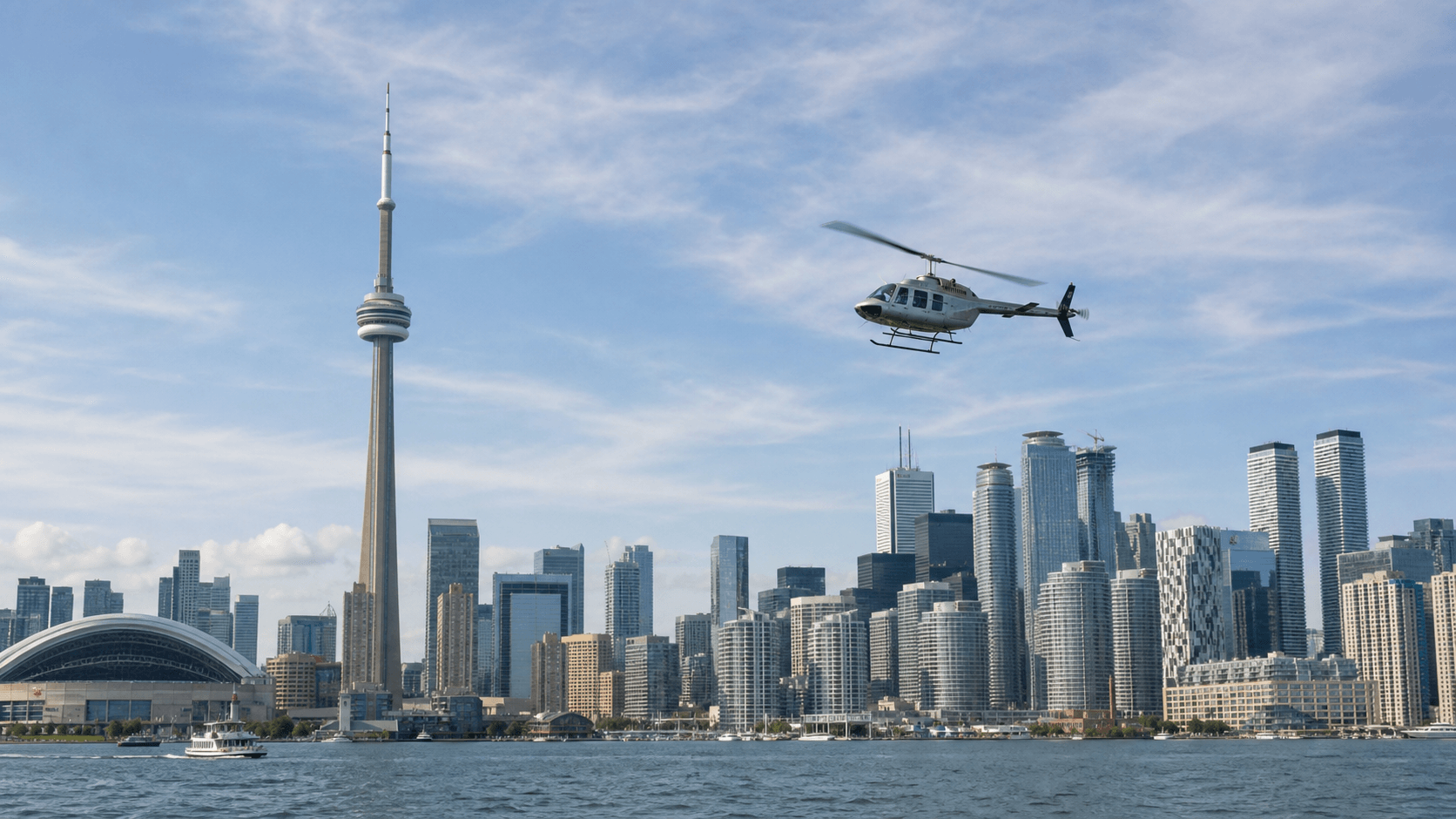 Private helicopter over the CN Tower and waterfront
