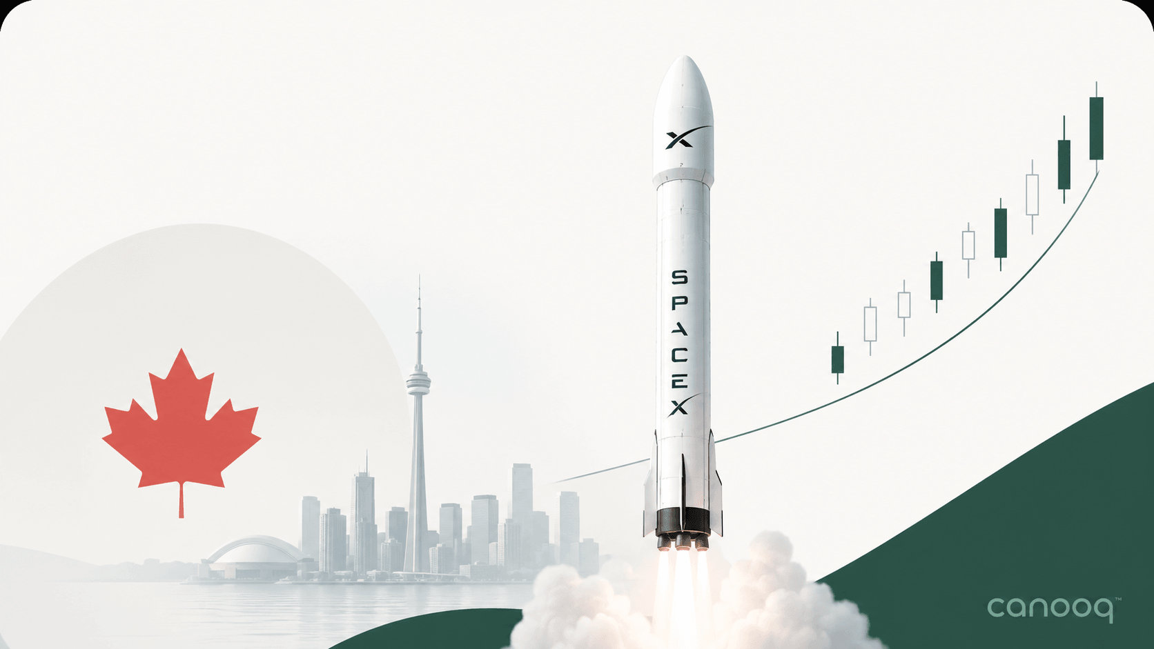Canooq editorial image showing a SpaceX-style rocket lifting off beside a Canadian maple leaf, Toronto skyline, and rising stock chart