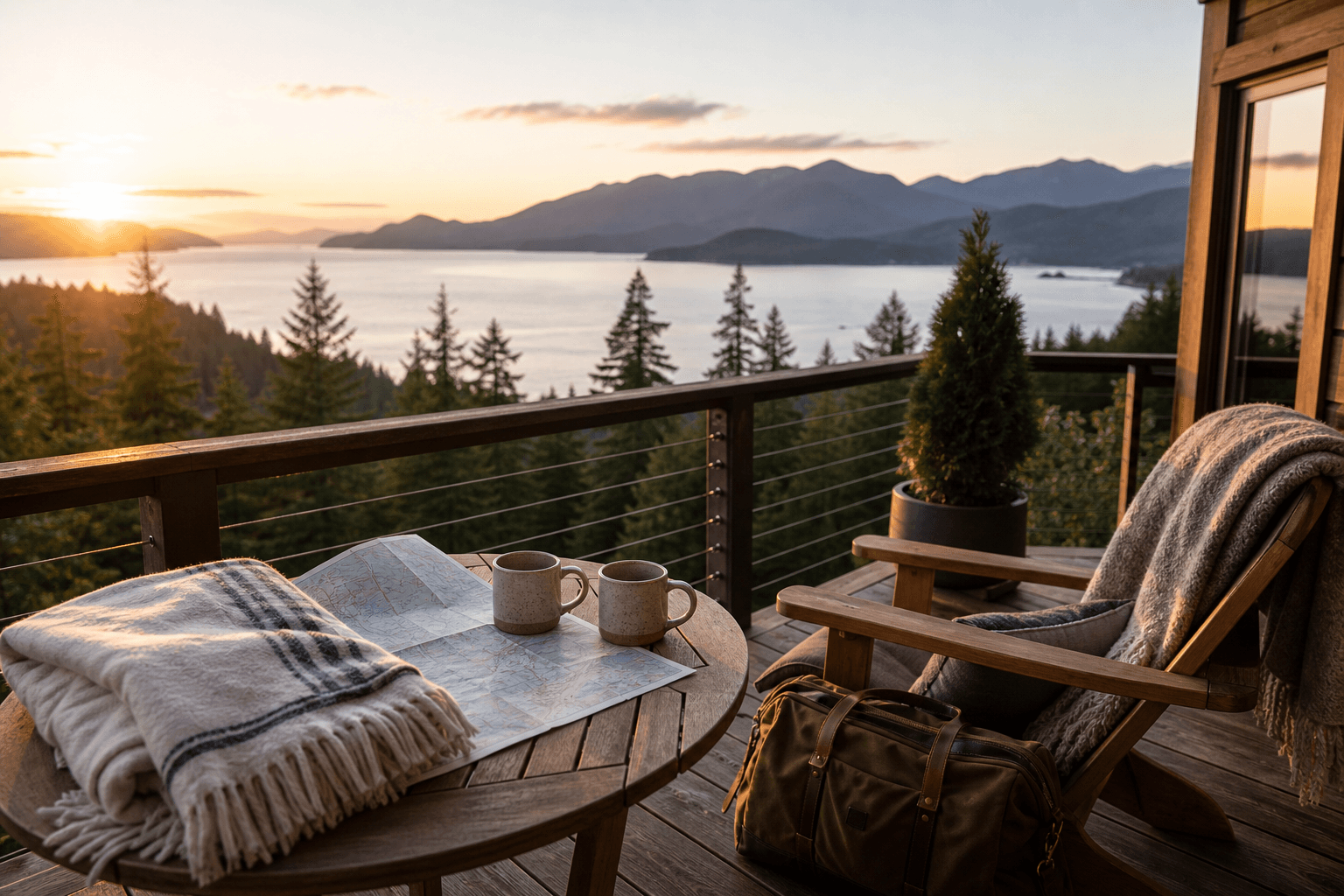 Romantic weekend getaway from Vancouver with a balcony, ocean inlet, mountains, blanket, mugs, and travel map