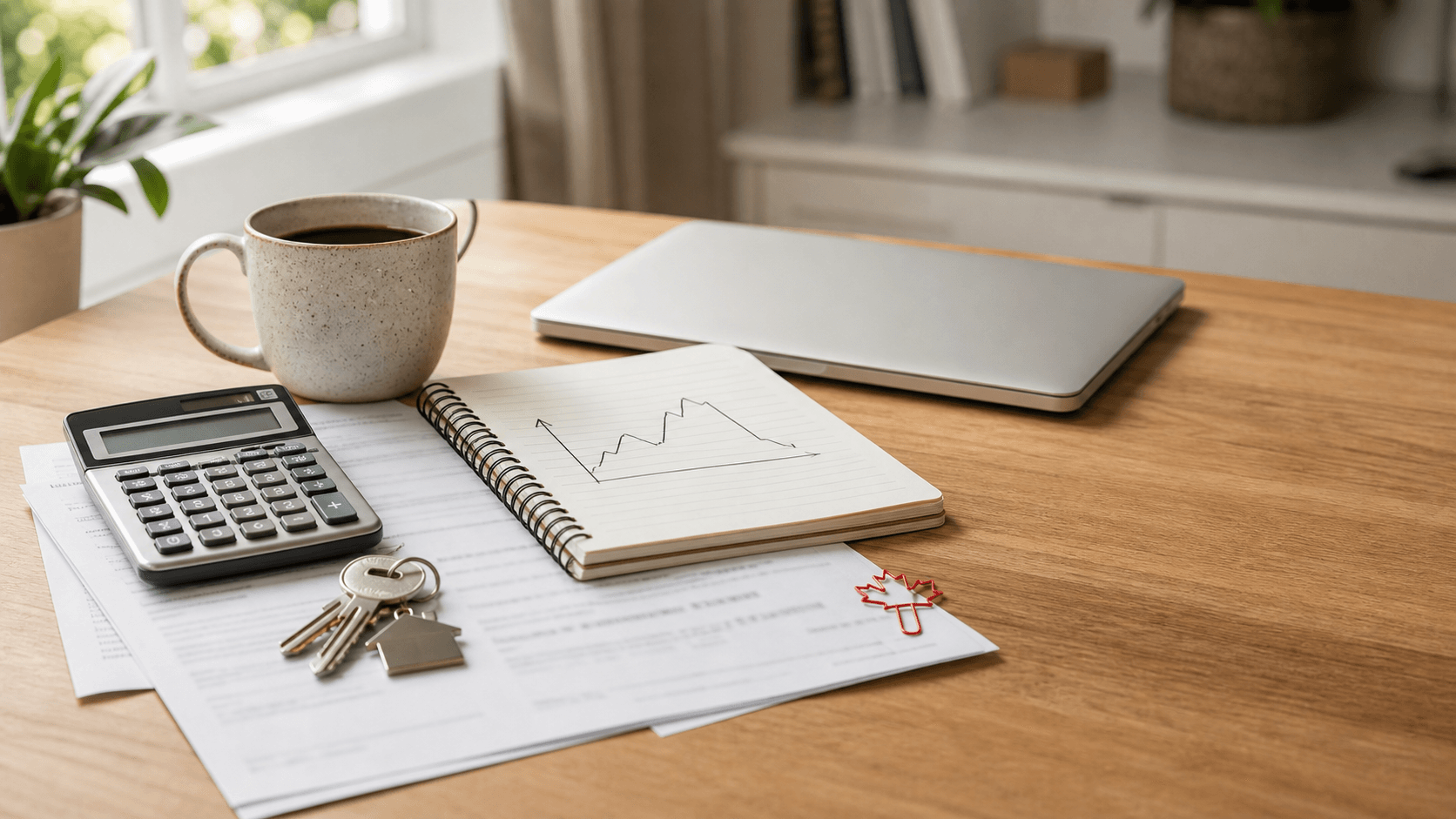 Calculator, house keys, mortgage paperwork, and a notebook chart on a sunlit home desk