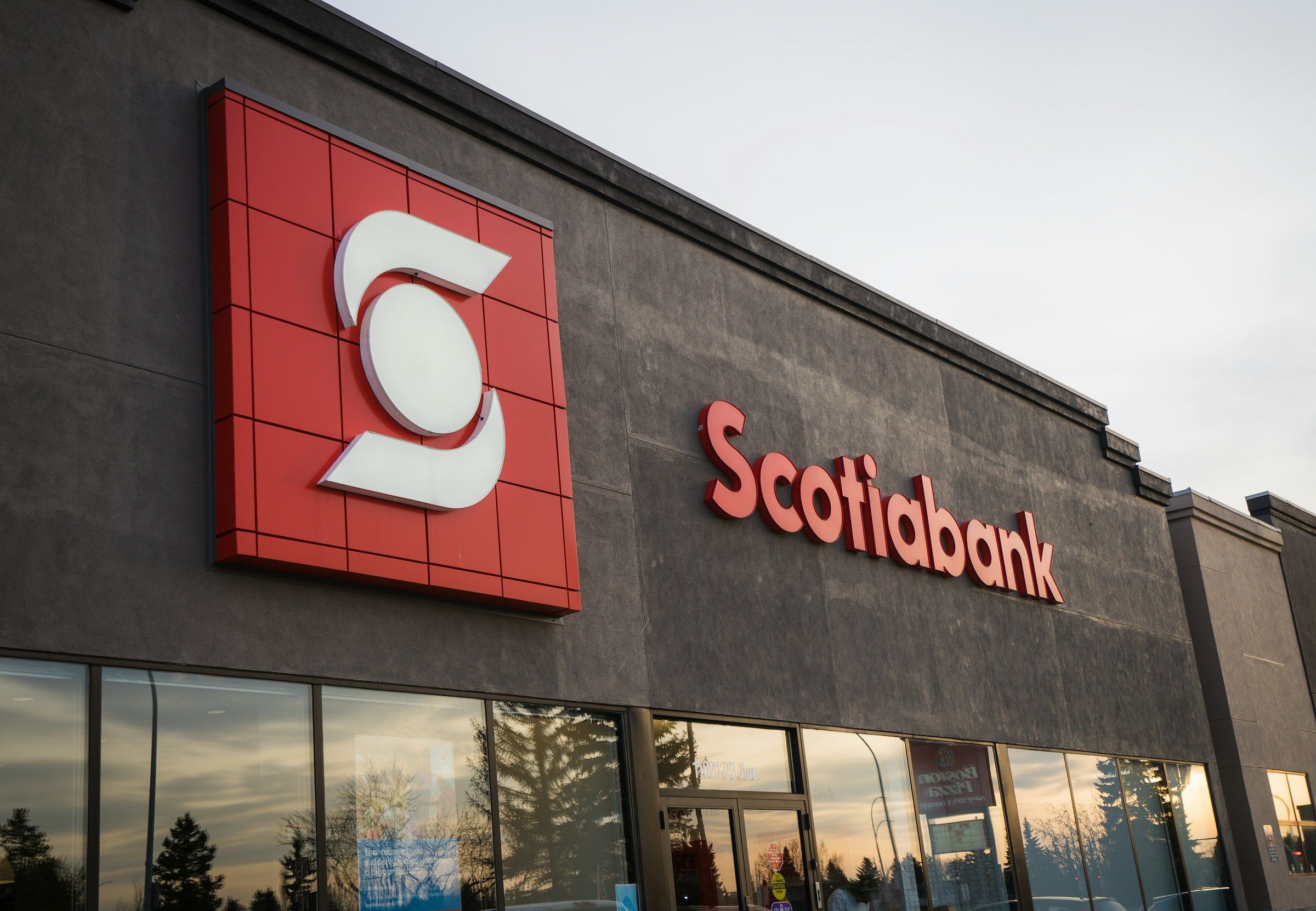 Scotiabank branch sign on a Canadian bank building