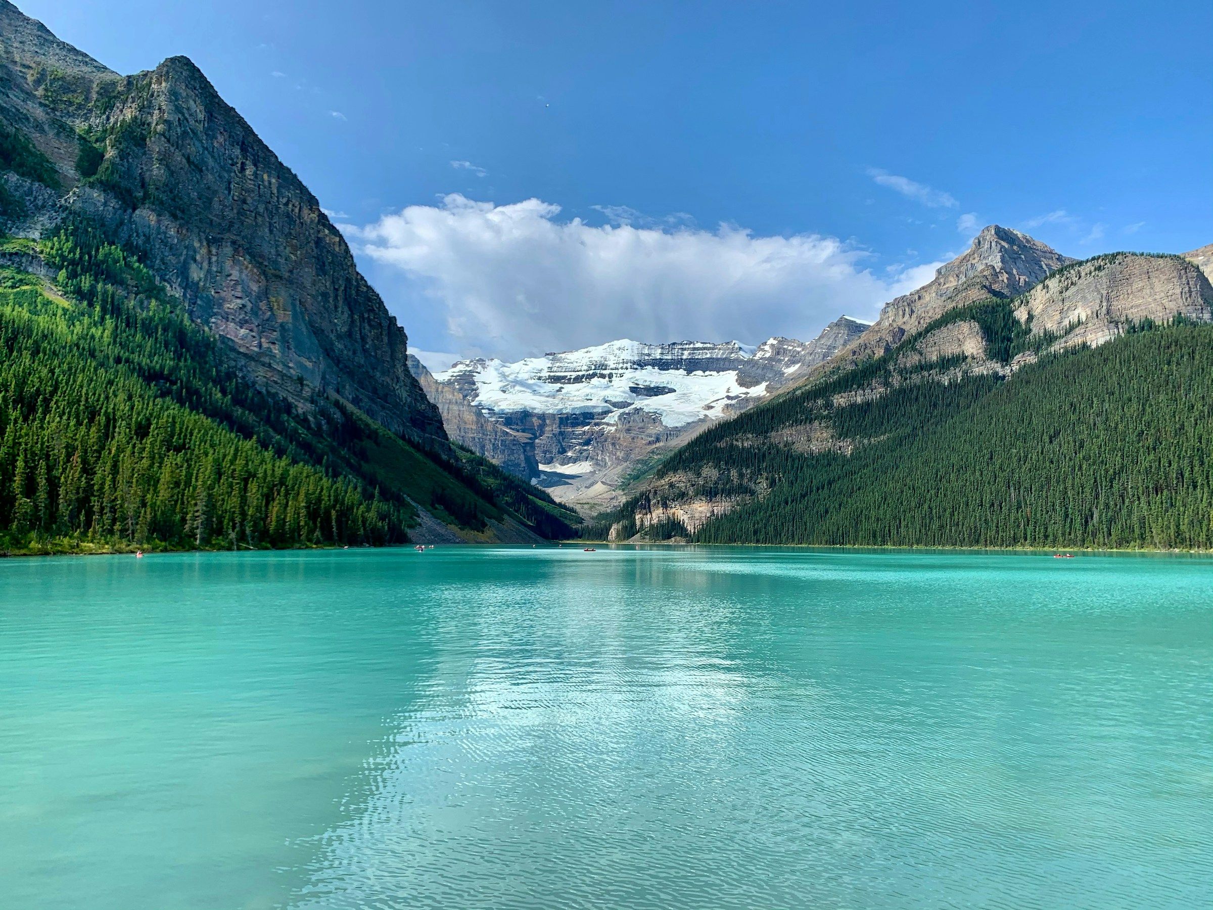 Lake Louise surrounded by forested mountains in Banff National Park