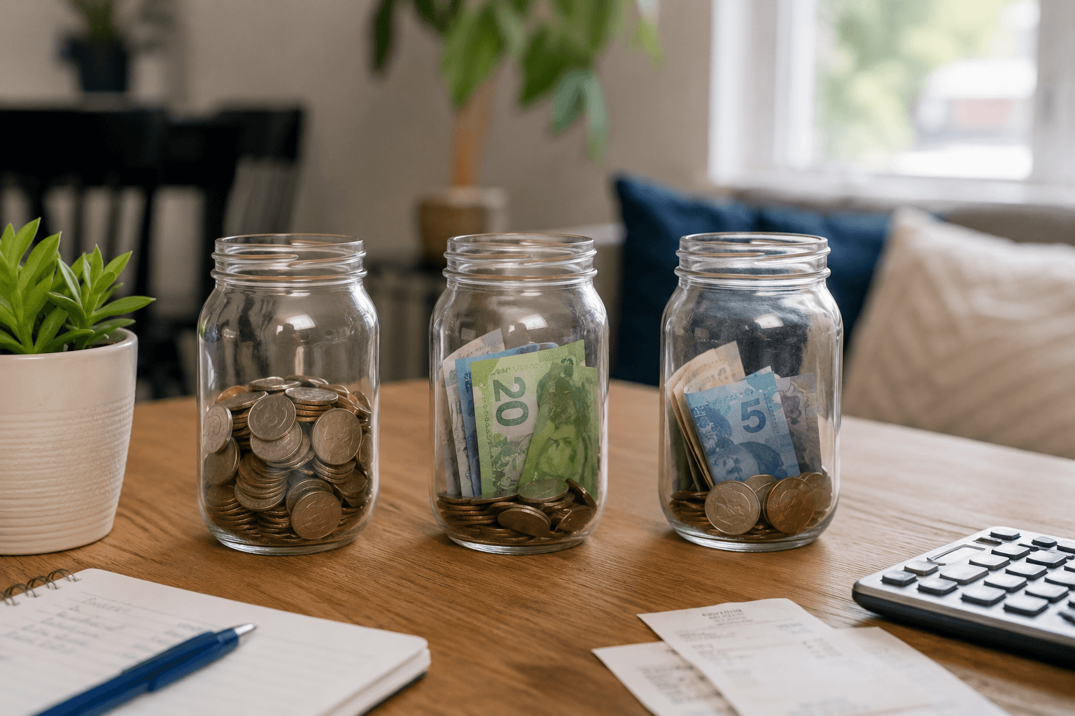 Three glass jars with Canadian coins and banknotes on a kitchen table beside a notebook, receipts, and calculator