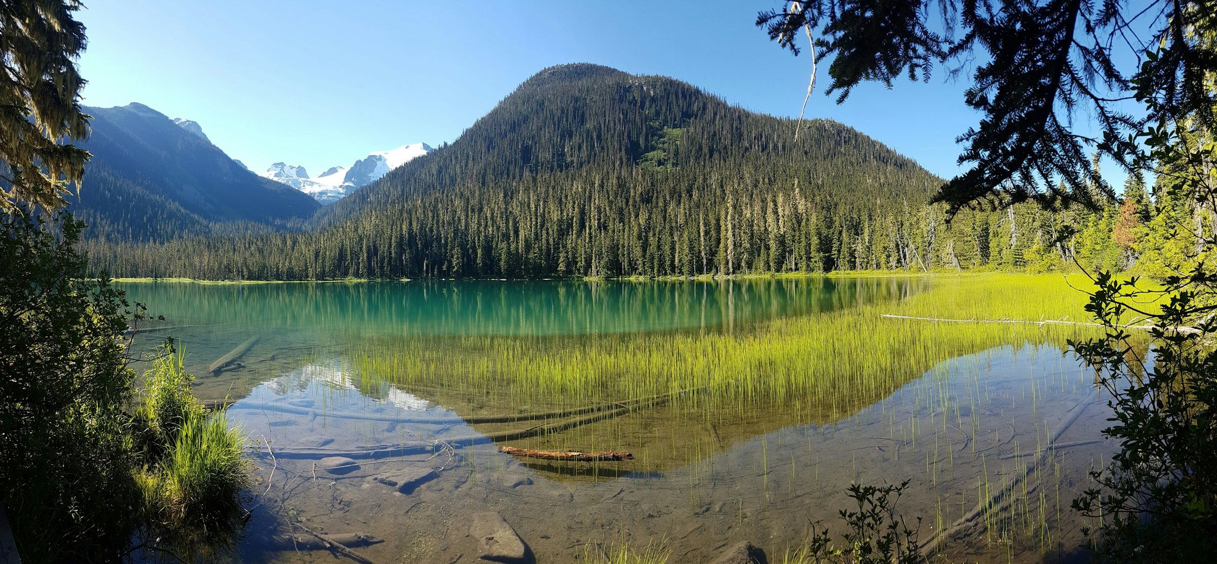 A turquoise glacial lake ringed by conifers below snow-streaked mountains