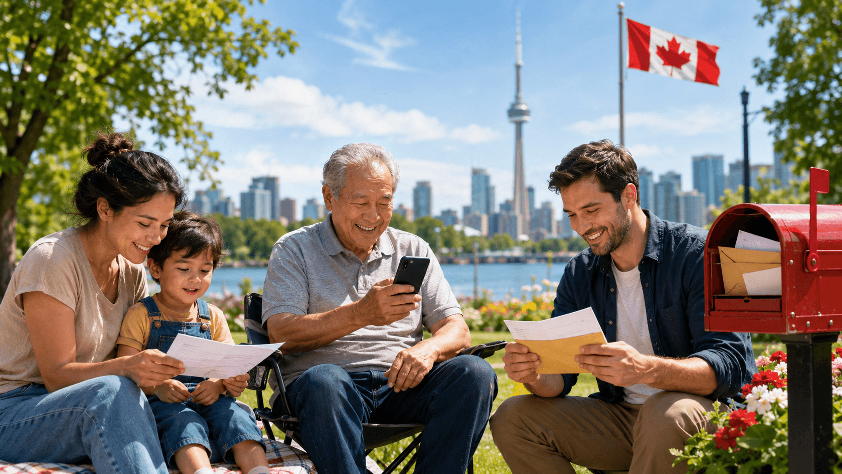 Family and senior sitting in a Toronto park with benefit letters, a phone, a Canadian flag and a red mailbox.