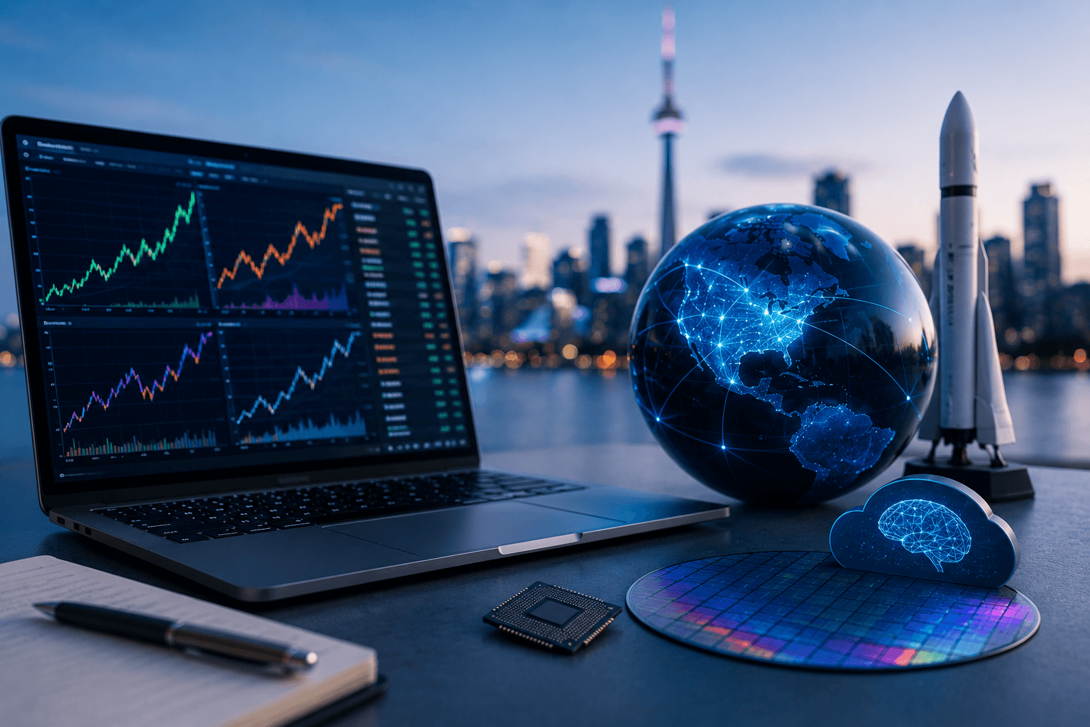 Laptop with stock charts beside a Toronto skyline, glowing globe, rocket model, computer chip, semiconductor wafer, and AI cloud symbol.