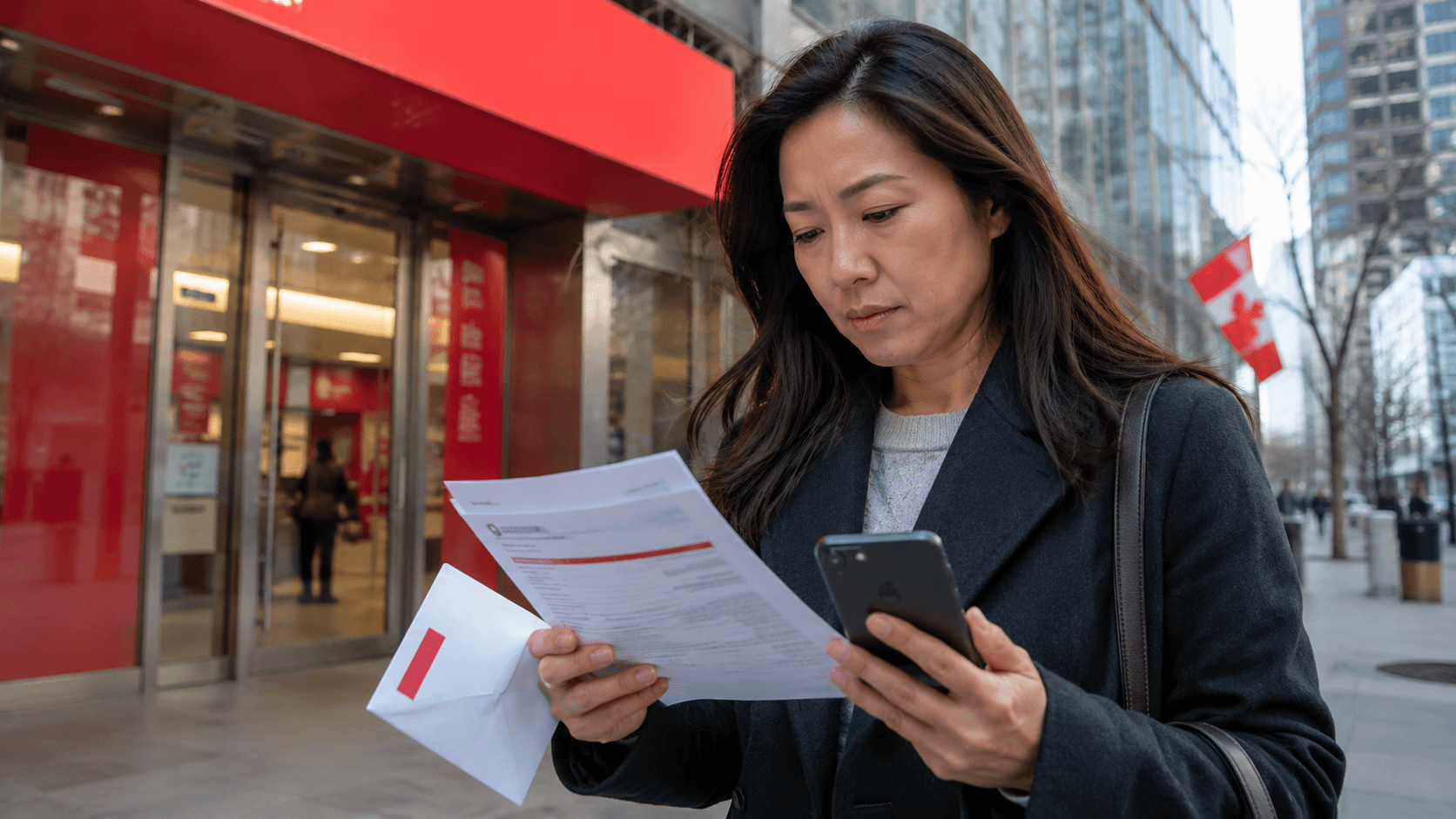 Businesswoman in front of a bank