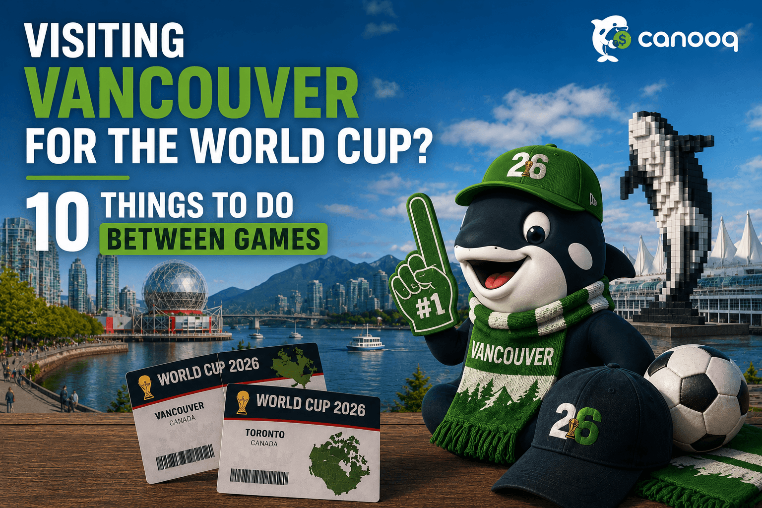 World Cup 2026 Canada fan gear, Vancouver stadium backdrop, soccer ball, and Canadian match tickets.