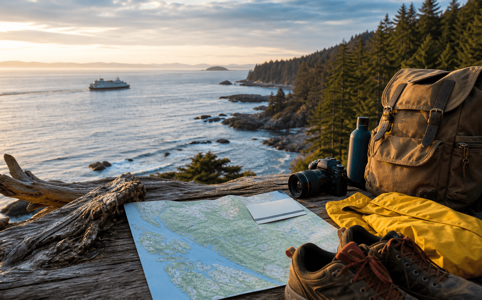Hiking gear arranged beside a backpack, map, rain jacket, water bottle, boots, and Canadian coastal forest view.