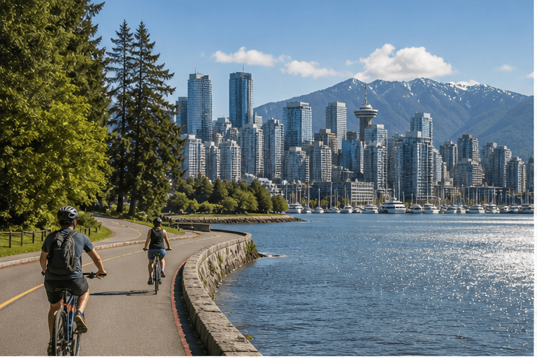 Stanley Park seawall and Coal Harbour with downtown Vancouver and the North Shore mountains
