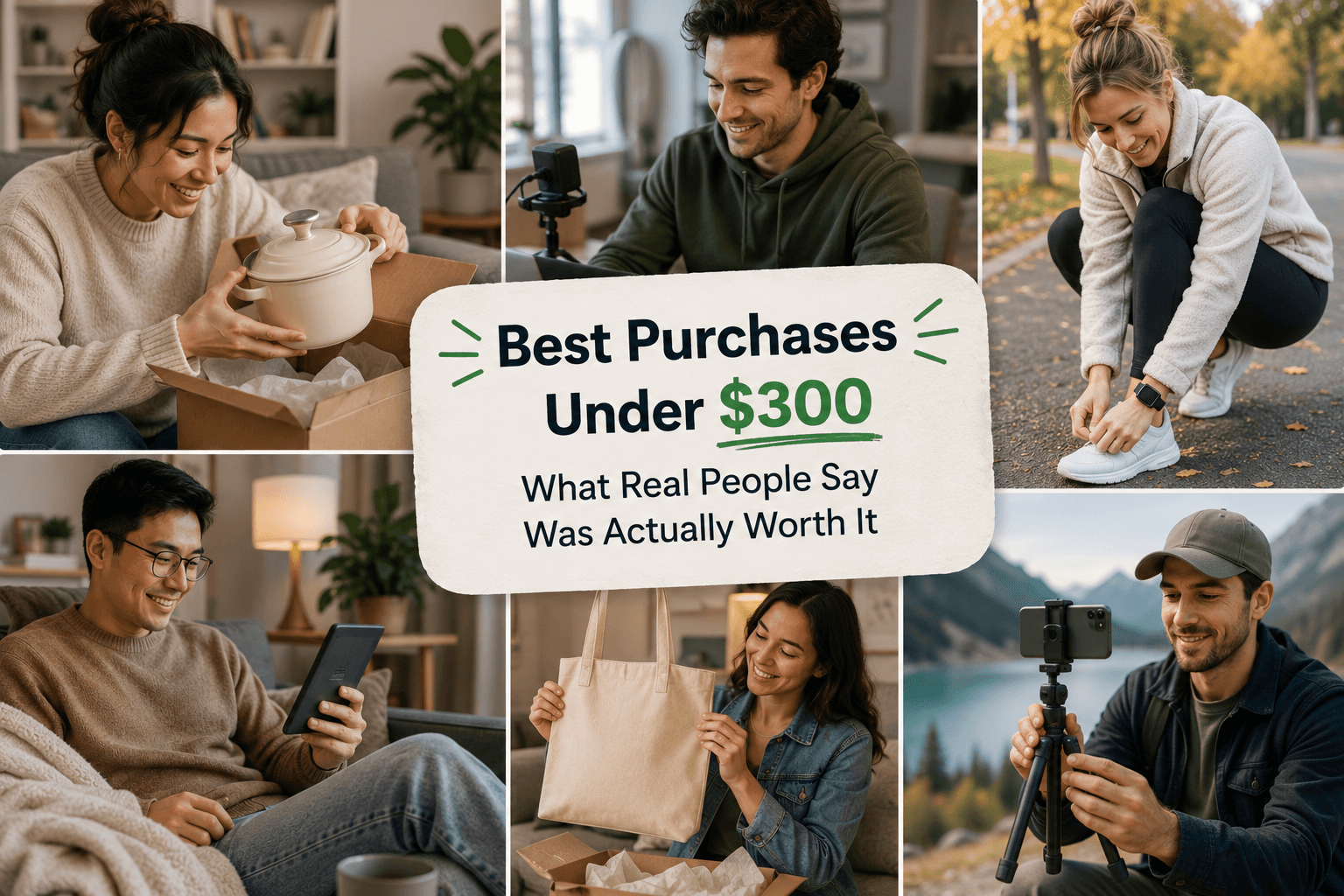 Best purchases under $300 collage showing practical home, health, winter, and creator gear.