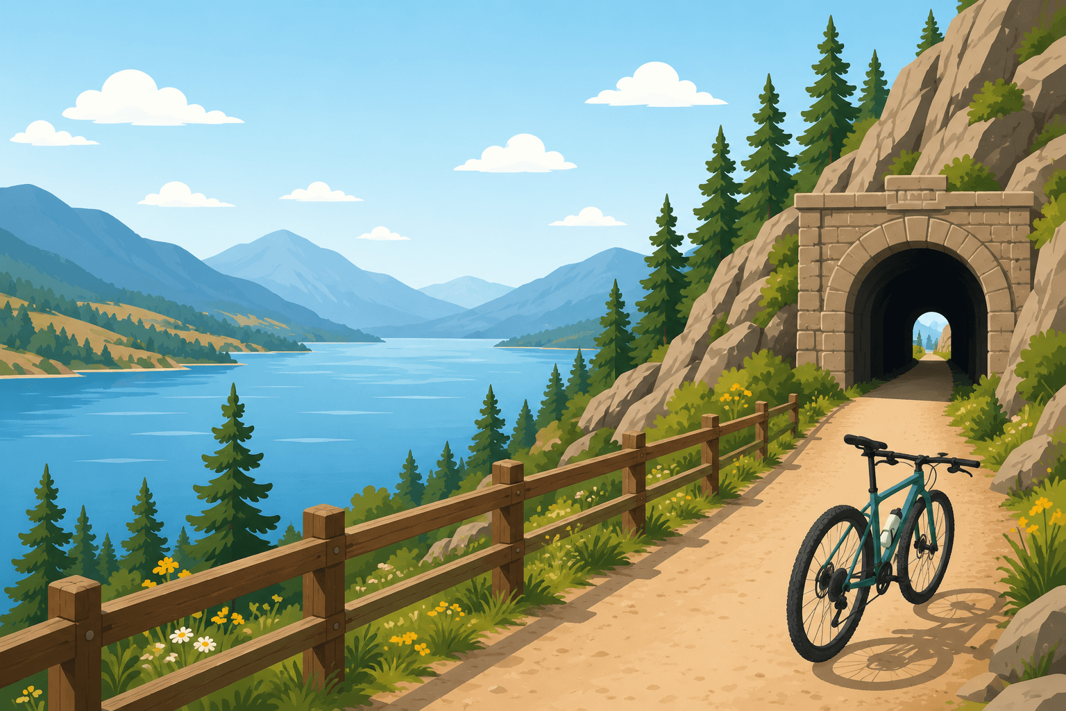 Illustrated Kettle Valley Rail Trail scene with a bike, lake, mountains and a stone tunnel