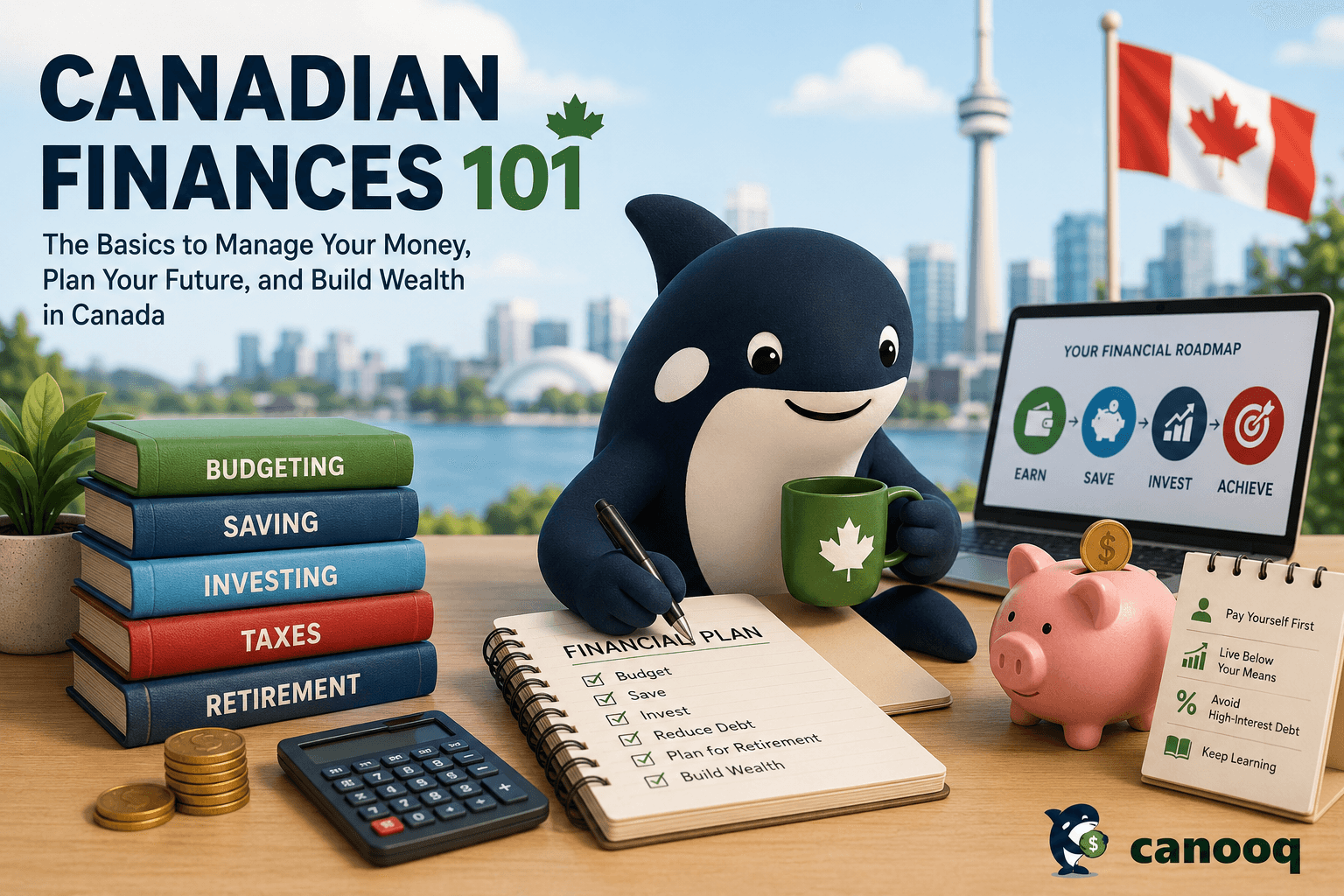 Canadian personal finance guide illustration covering money, taxes, accounts, credit, and investing